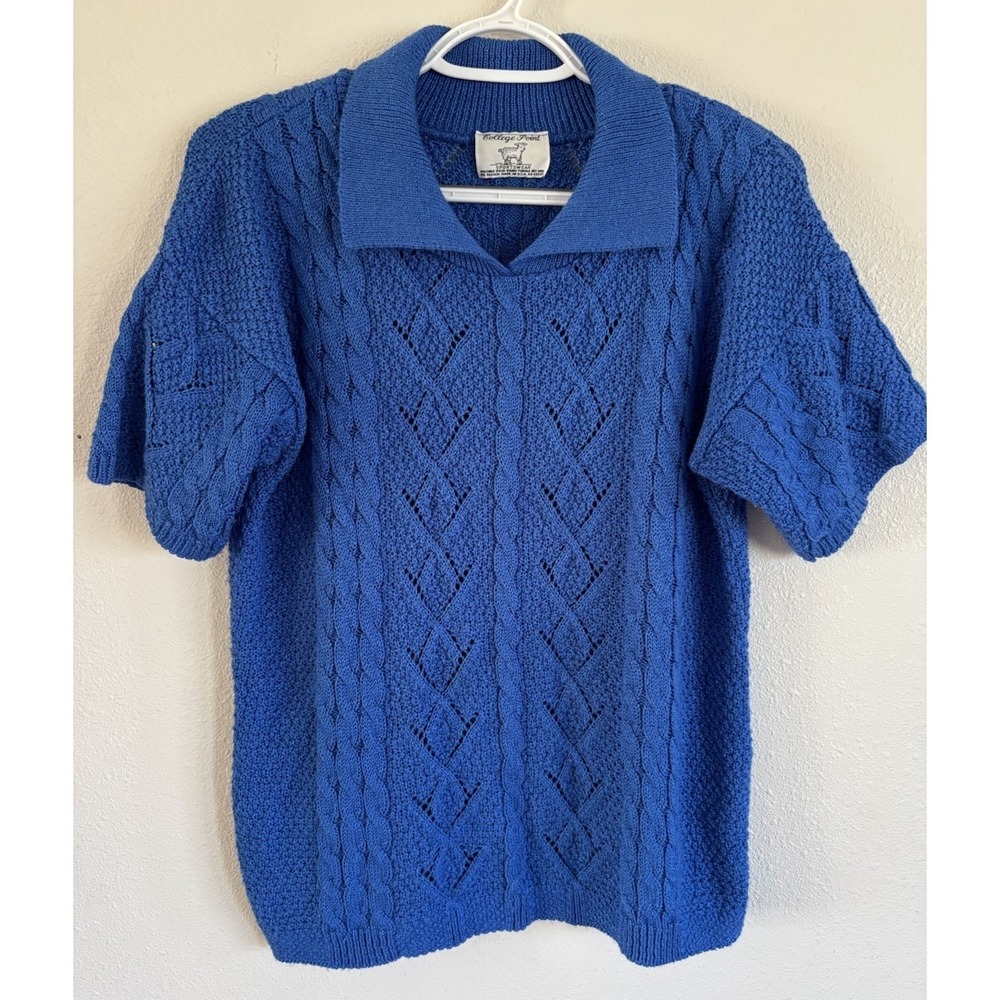 Vintage College Point Blue Cable Knit Short Sleeve Sweater USA M?